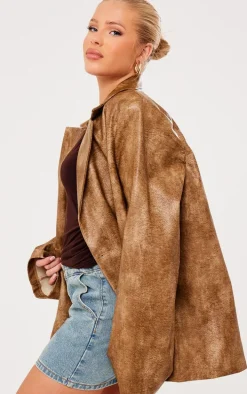Brown Distressed PU Oversized Shoulder Pad Blazer
