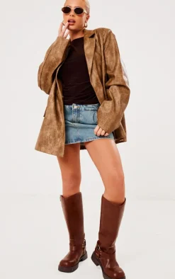 Brown Distressed PU Oversized Shoulder Pad Blazer