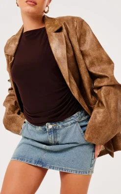 Brown Distressed PU Oversized Shoulder Pad Blazer