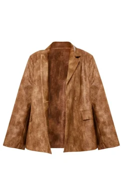 Brown Distressed PU Oversized Shoulder Pad Blazer