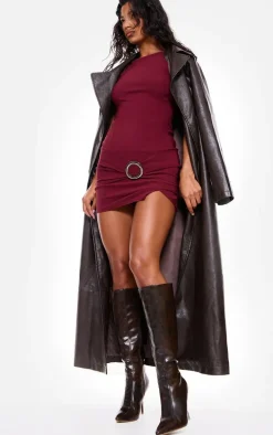 Brown Distressed Pu Point Toe Knee High Heeled Boots