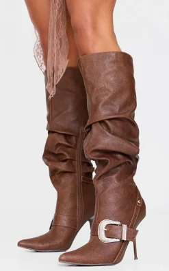 Brown Distressed Pu Point Toe Buckle Knee High Stiletto Heeled Boots