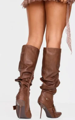 Brown Distressed Pu Point Toe Buckle Knee High Stiletto Heeled Boots