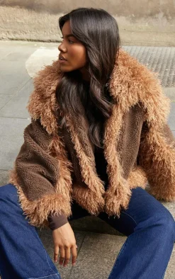 Brown Faux Fur Contrast Teddy Aviator Jacket