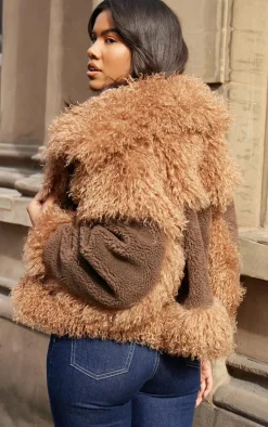 Brown Faux Fur Contrast Teddy Aviator Jacket