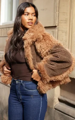 Brown Faux Fur Contrast Teddy Aviator Jacket