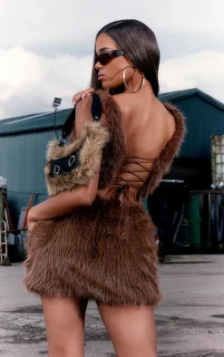 Brown Faux Fur Corset Crop Top