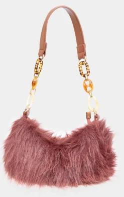 Brown Faux Fur Link Handle Shoulder Bag