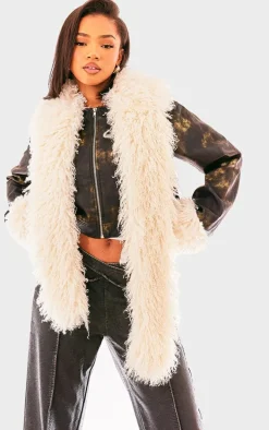 Brown Faux Fur Scarf And Trim Faux Leather Jacket