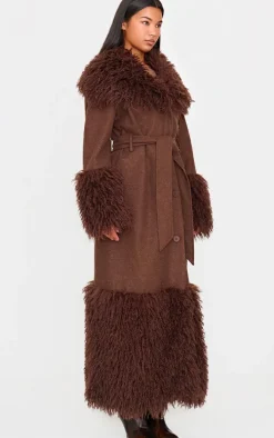 Brown Faux Fur Trim Contrast Wool Look Coat