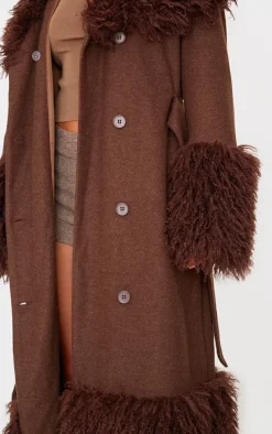 Brown Faux Fur Trim Contrast Wool Look Coat