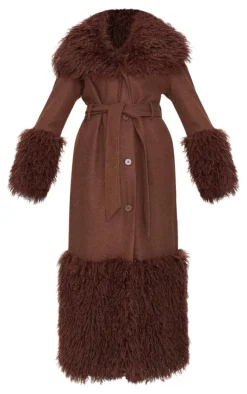 Brown Faux Fur Trim Contrast Wool Look Coat