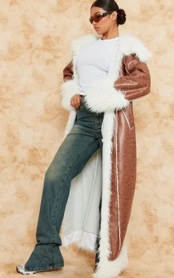 Brown Faux Fur Trim Distressed Faux Leather Maxi Coat
