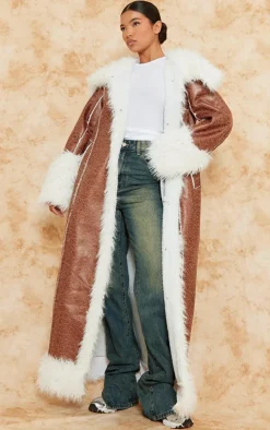 Brown Faux Fur Trim Distressed Faux Leather Maxi Coat