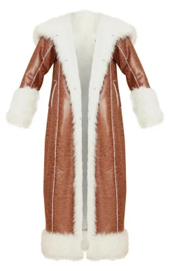 Brown Faux Fur Trim Distressed Faux Leather Maxi Coat