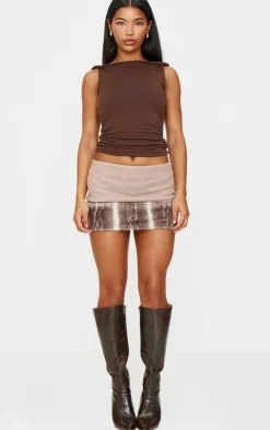 Brown Faux Fur Trim Wool Look Micro Mini Skirt