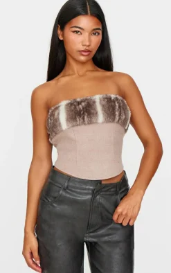 Brown Faux Fur Trim Wool Look Bandeau Corset