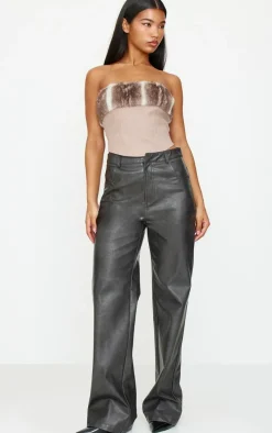 Brown Faux Fur Trim Wool Look Bandeau Corset