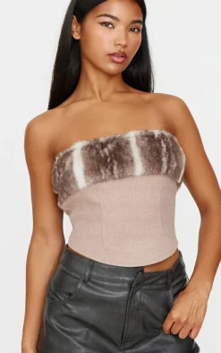Brown Faux Fur Trim Wool Look Bandeau Corset