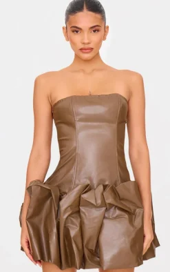 Brown Faux Leather Bandeau Puffball Mini Dress