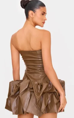Brown Faux Leather Bandeau Puffball Mini Dress