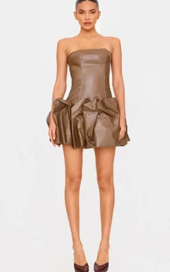 Brown Faux Leather Bandeau Puffball Mini Dress