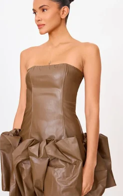 Brown Faux Leather Bandeau Puffball Mini Dress