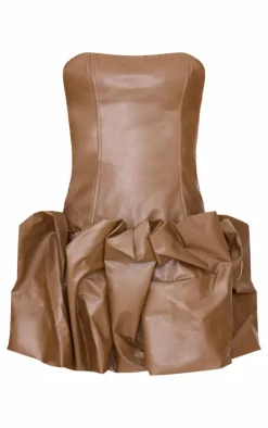 Brown Faux Leather Bandeau Puffball Mini Dress