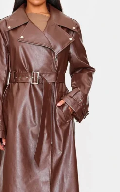 Brown Faux Leather Belted Trench Coat