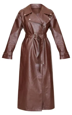 Brown Faux Leather Belted Trench Coat