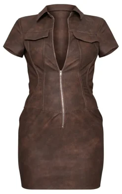 Brown Faux Leather Binding Detail Zip Through Bodycon Dress