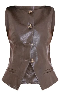 Brown Faux Leather Boat Neck Vest