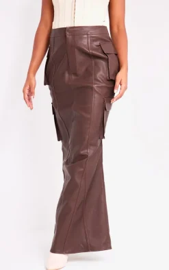 Brown Faux Leather Cargo Maxi Skirt
