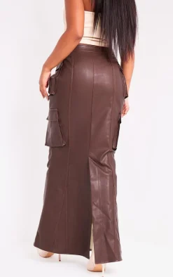Brown Faux Leather Cargo Maxi Skirt