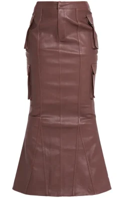 Brown Faux Leather Cargo Maxi Skirt