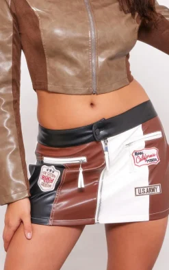 Brown Faux Leather Color Block Zip Detail Micro Mini Skirt