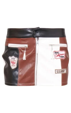 Brown Faux Leather Color Block Zip Detail Micro Mini Skirt
