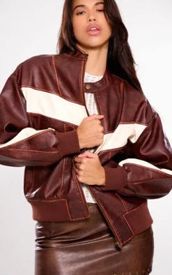 Brown Faux Leather Contrast Panel Longline Bomber Jacket