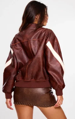 Brown Faux Leather Contrast Panel Longline Bomber Jacket