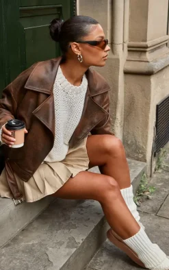 Brown Faux Leather Distressed Look Relaxed Fit Biker Jacket