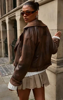 Brown Faux Leather Distressed Look Relaxed Fit Biker Jacket