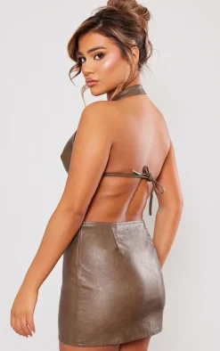 Brown Faux Leather Halterneck Low Back Bodycon Dress