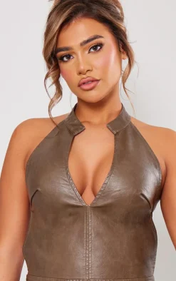 Brown Faux Leather Halterneck Low Back Bodycon Dress