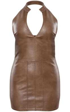 Brown Faux Leather Halterneck Low Back Bodycon Dress