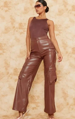 Brown Faux Leather Lace Up Cargo Pants