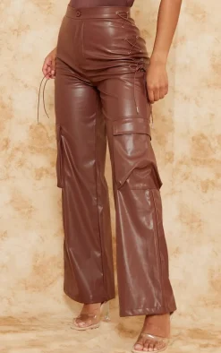 Brown Faux Leather Lace Up Cargo Pants