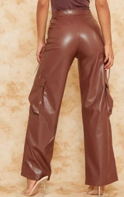 Brown Faux Leather Lace Up Cargo Pants