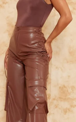 Brown Faux Leather Lace Up Cargo Pants