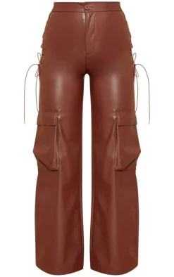 Brown Faux Leather Lace Up Cargo Pants