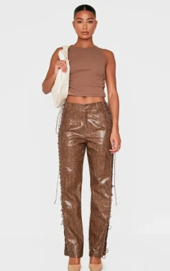 Brown Faux Leather Lace Up Straight Leg Pants